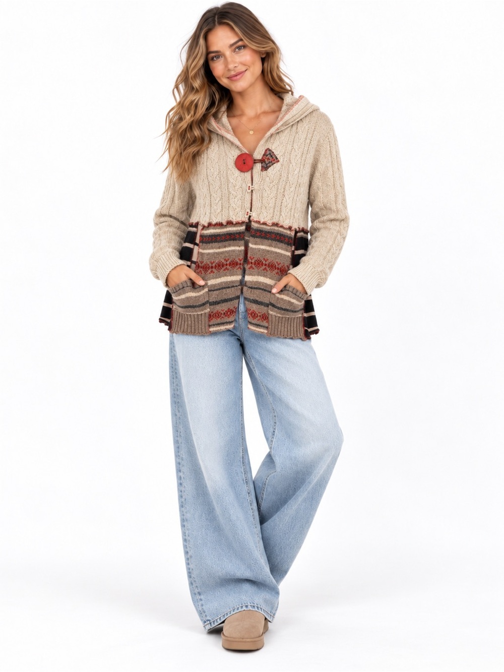 Columbia Women's L Hooded Cable Knit Cardigan Fair Isle Patchwork Y2K Boho